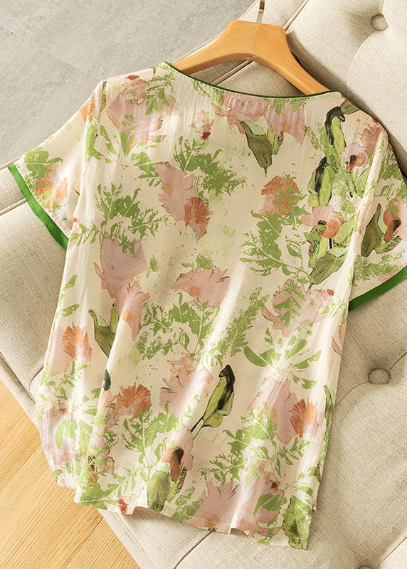 Green O Neck Print Silk T Shirts Short Sleeve