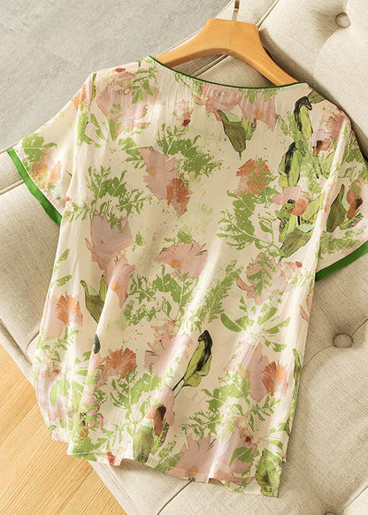 Green O Neck Print Silk T Shirts Short Sleeve