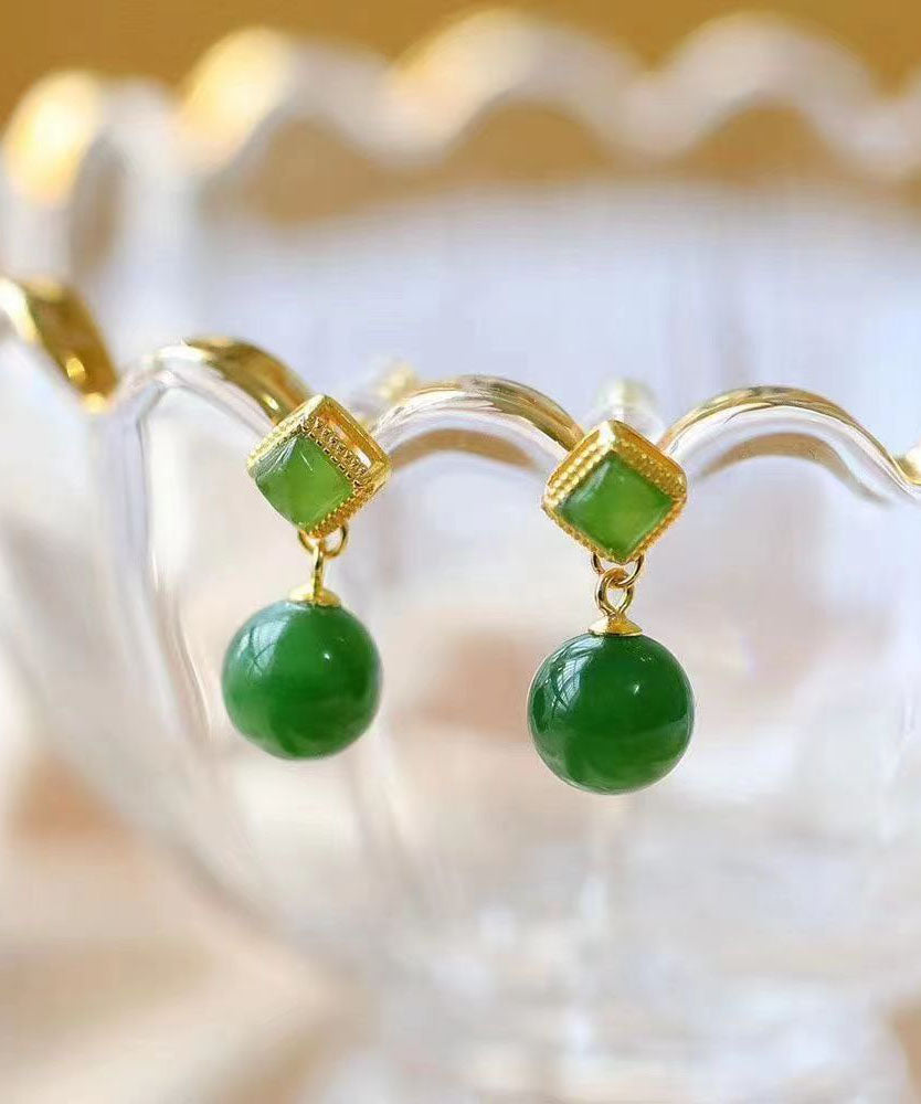 Spinach Green Sterling Silver Overgild Jade Drop Earrings