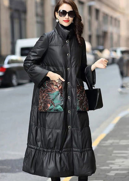 Black Stand Collar Drawstring Sheepskin Duck Down Filled Jacket Winter