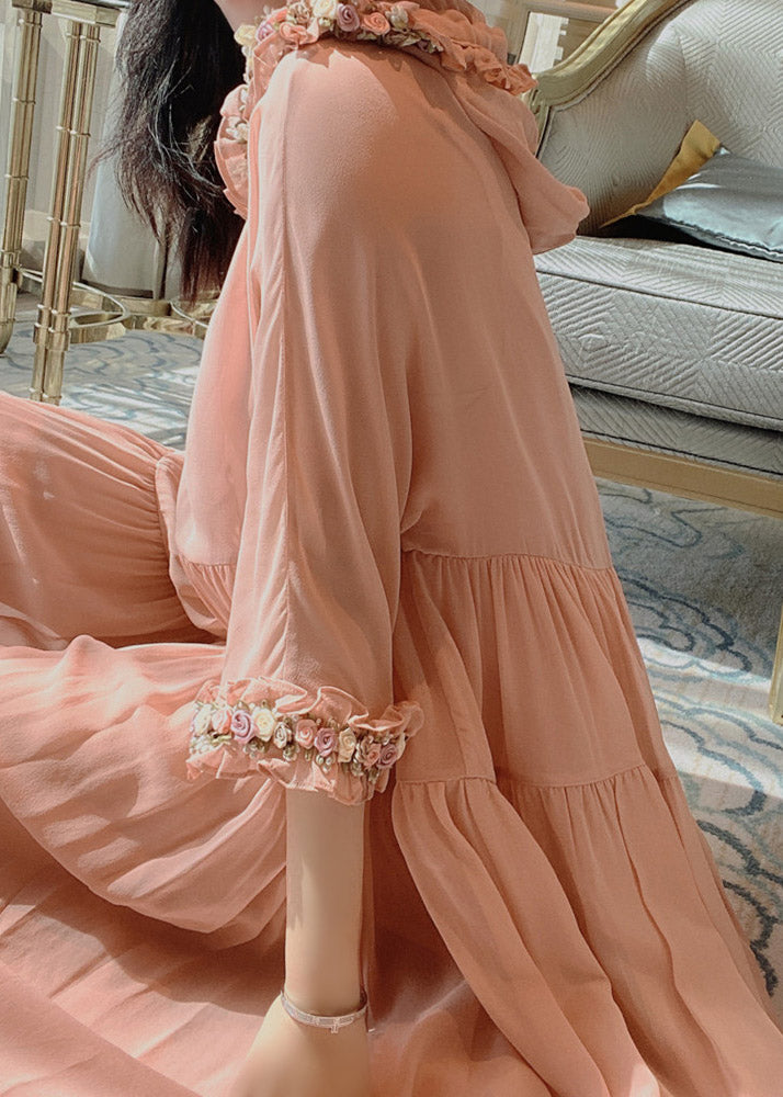 Simple Pink Wrinkled Hoold Silk Maxi Dresses Flare Sleeve