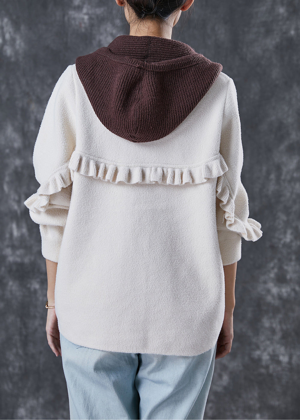 White Hooded Patchwork Ruffled Woolen Coats Spring