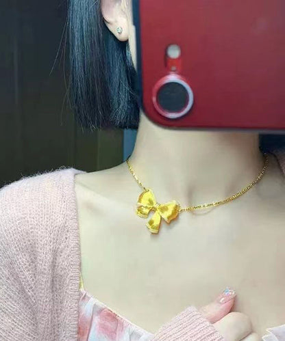 Gold Bow Zircon Pendant Necklace