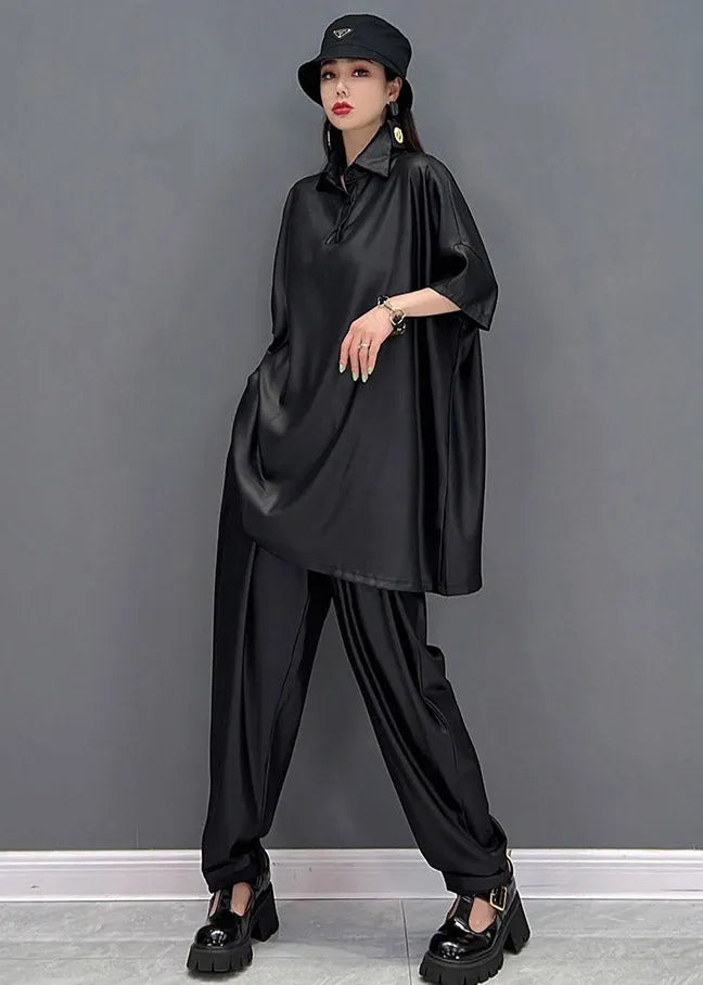 Black Peter Pan Collar T Shirt and Beam Pants Two Pieces Set Summer