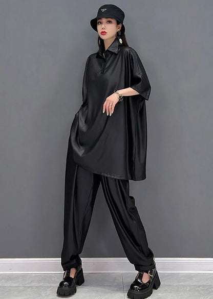 Black Peter Pan Collar T Shirt and Beam Pants Two Pieces Set Summer