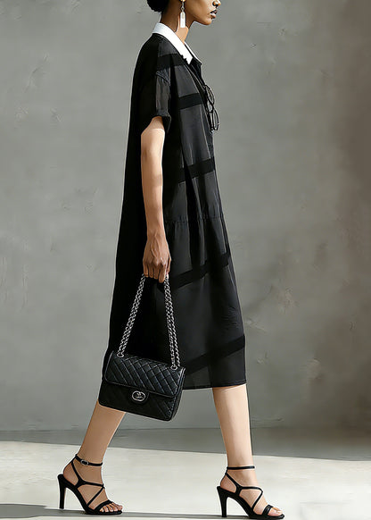 Italian Black Peter Pan Collar Patchwork Vacation Long Dresses Short Sleeve