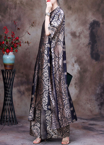 Black Asymmetrical Print Side Open Silk Long Top and Wide Leg Pant Two Piece Set Summer