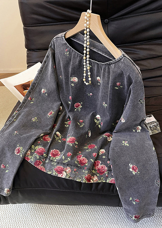Grey O-neck Rose Print Cotton T Shirts Fall