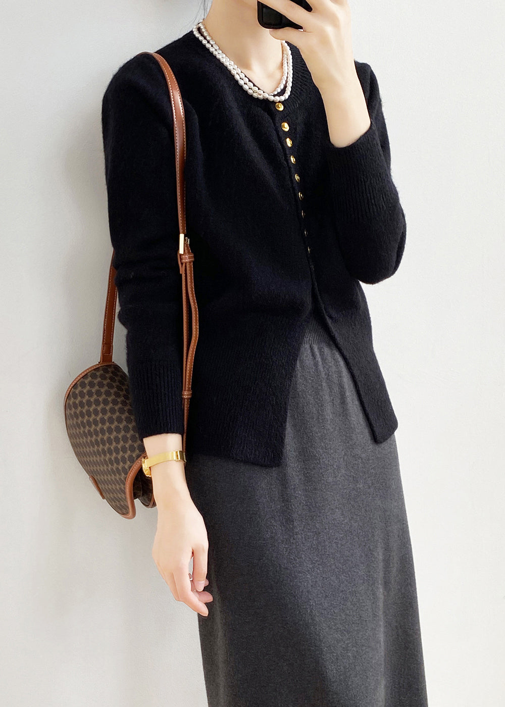 Black O Neck Button Fitted Knit Cardigan Fall