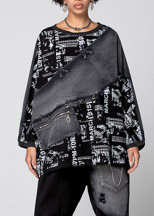 Black Graphic Patchwork Denim Top Spring