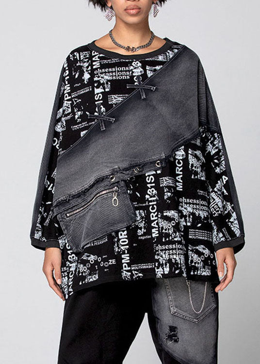 Black Graphic Patchwork Denim Top Spring