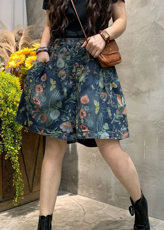 Modern Dark Blue Print Denim Shorts Summer