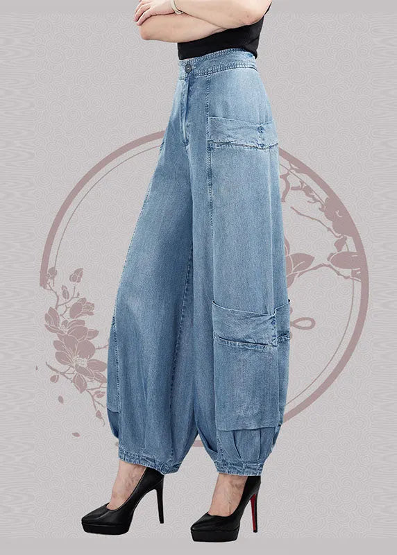 Light Blue High Waist Pockets Cotton Denim Lantern Pants Summer