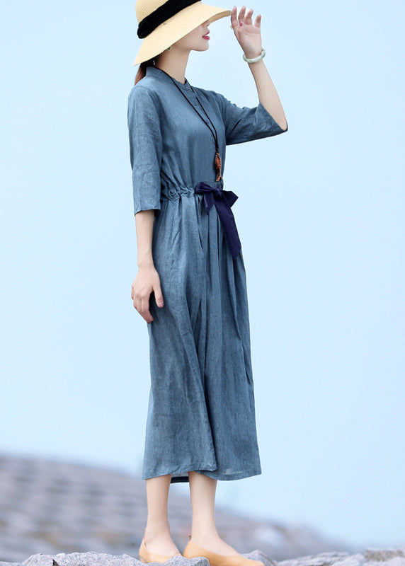 Blue Stand Collar Tie Waist Button Holiday Dresses Half Sleeve