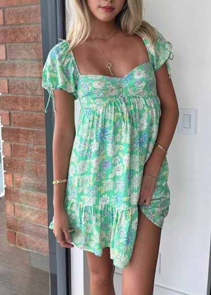 Green Print Patchwork Mid Dresses Short Sleeve Summer