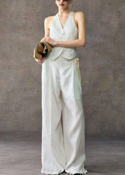 Stylish White V Neck Waistcoat and Wide Leg Pants Linen Two Piece Set Sleeveless