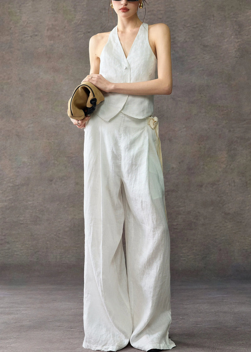 Stylish White V Neck Waistcoat and Wide Leg Pants Linen Two Piece Set Sleeveless