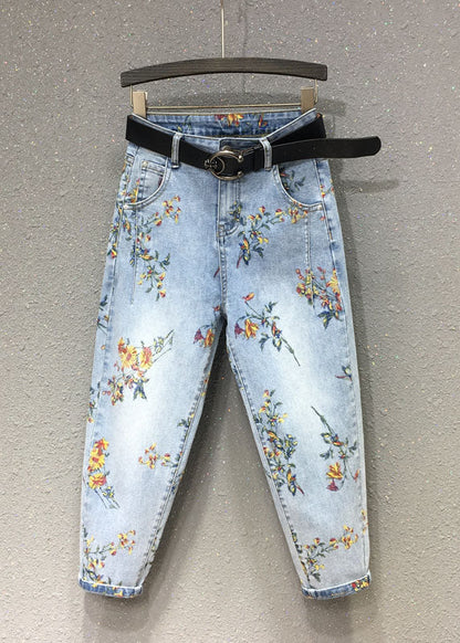 Light Blue Print Patchwork Crop Jeans Fall