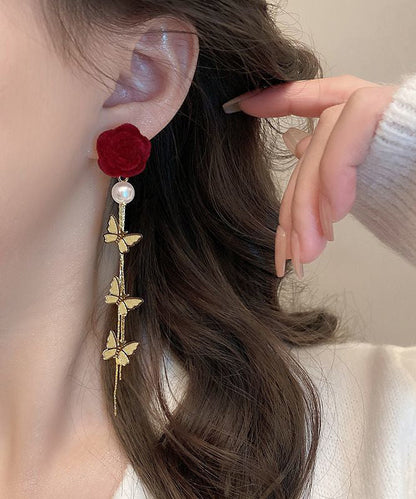 Stylish Mulberry Sterling Silver Alloy Flocking Pearl Butterfly Drop Earrings