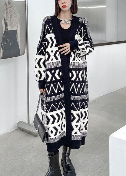 Stylish Black Pockets Button Jacquard Fall Long Knit Sweaters Coat