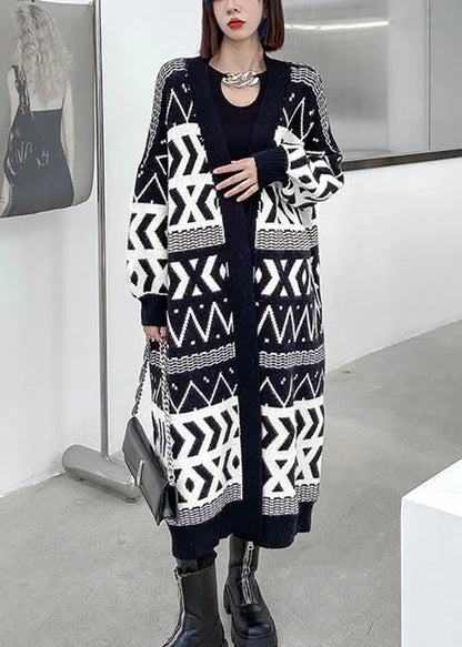 Stylish Black Pockets Button Jacquard Fall Long Knit Sweaters Coat