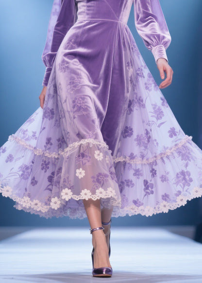 Purple Silk Velvet Lace Print High Waist Party Dress V Neck Spring