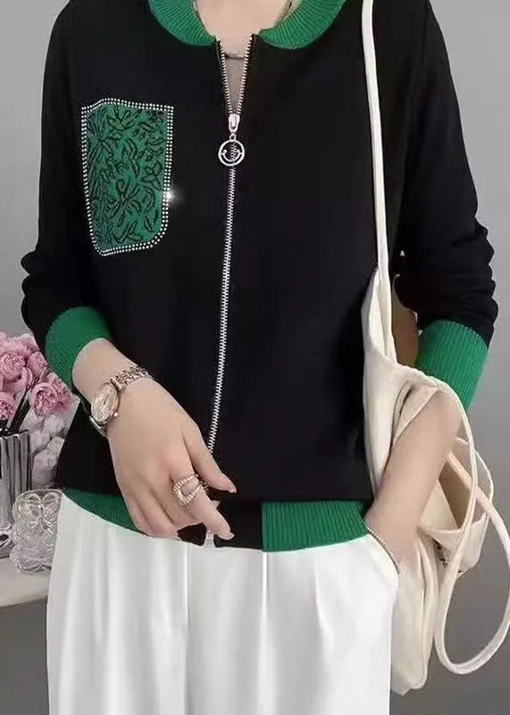 Black Print Zircon Zip Up Patchwork Knit Coat Fall