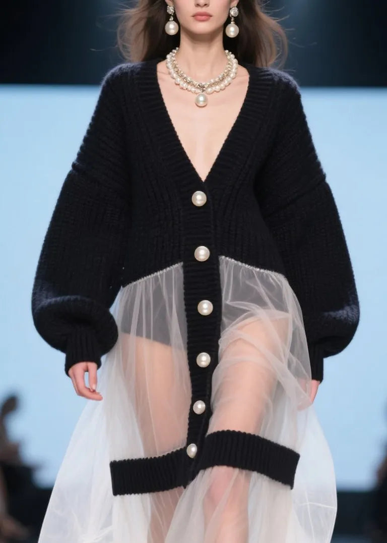 Black V Neck Tulle Patchwork Knit Loose Coat Fall