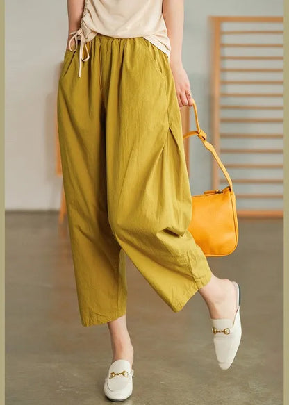 Yellow Elastic Waist Pockets Pants Spring