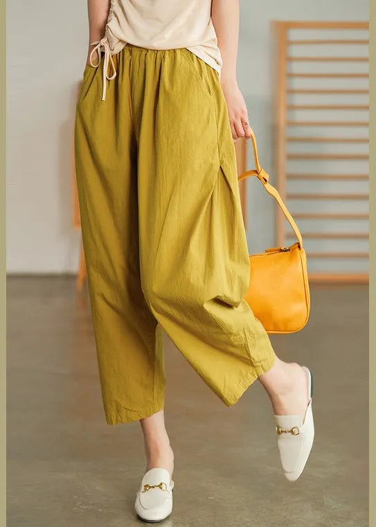 Yellow Elastic Waist Pockets Pants Spring