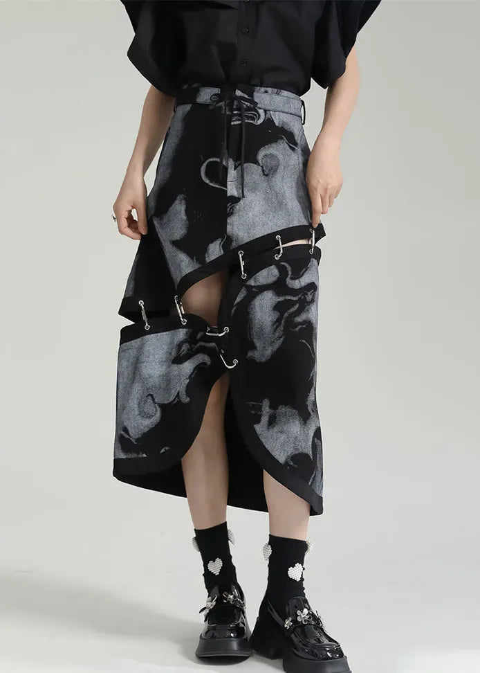 Grey Asymmetrical Print Pockets Patchwork Cotton Skirt Fall