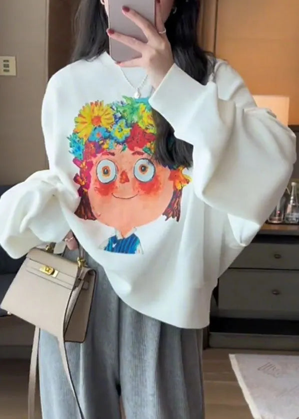 Handmade White O-neck Cartoon Print Pullover Fall