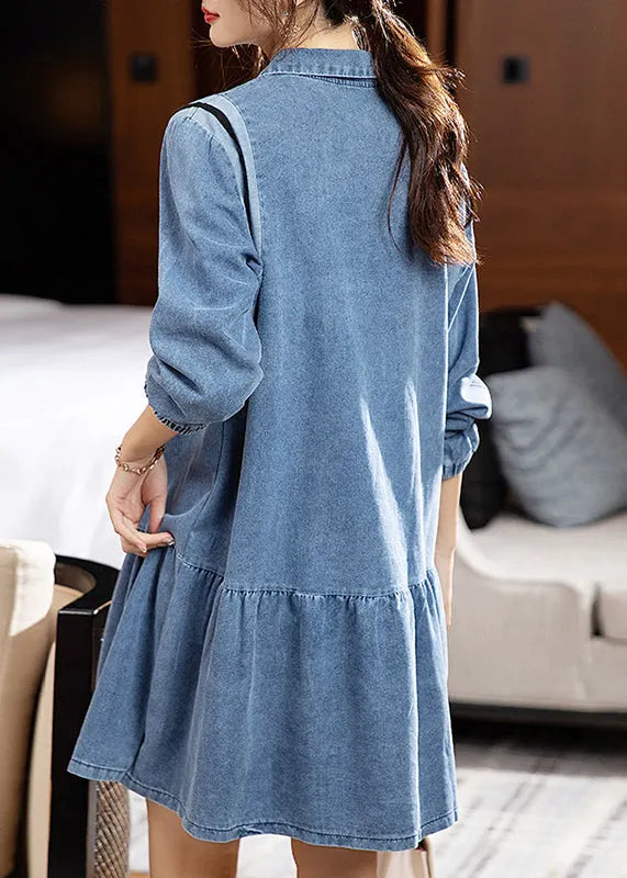 Loose Blue Peter Pan Collar Patchwork Denim Mid Dress Spring