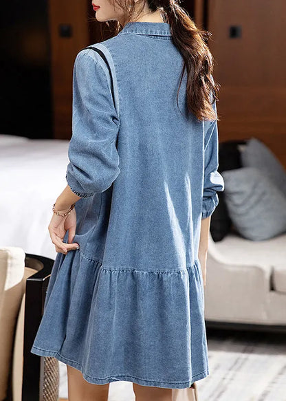 Loose Blue Peter Pan Collar Patchwork Denim Mid Dress Spring