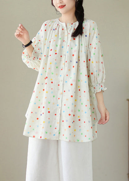 Beige O Neck Print Wrinkled Cotton Shirt Tops Summer