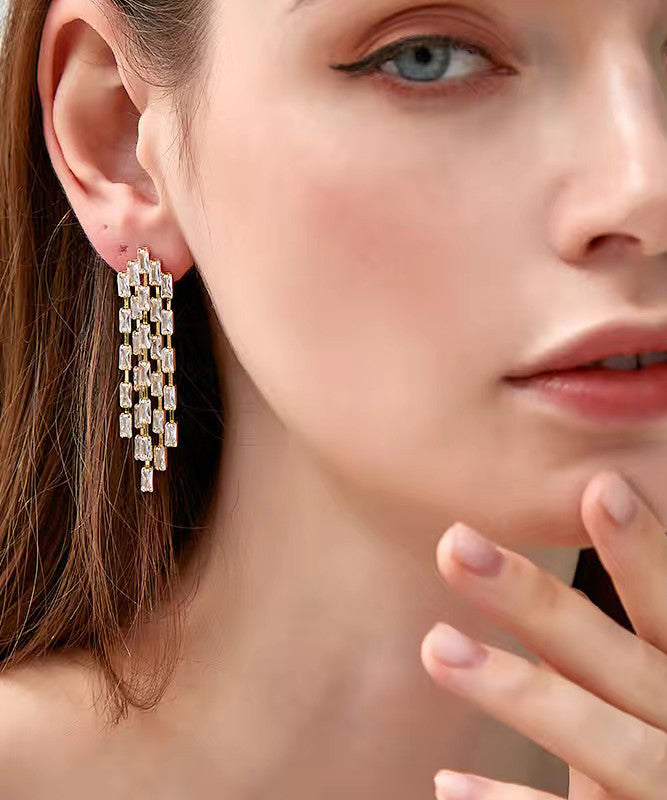 Gold Sterling Silver Overgild Zircon Tassel Drop Earrings