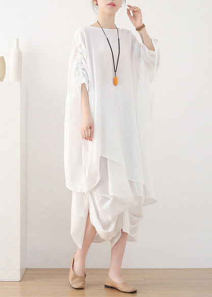 White O-neck Drawstring Cotton Pullover Tops Summer