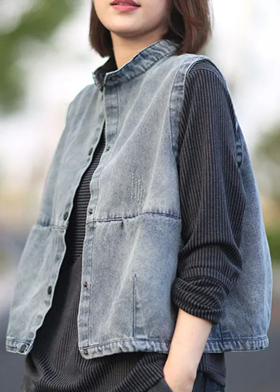 Blue Stand Collar Button Pockets Fall Denim Sleeveless Waistcoat