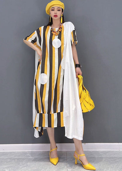Yellow Asymmetrical Striped Print Patchwork Cotton Maxi Dresses Short Sleeve Summer