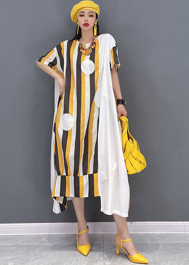 Yellow Asymmetrical Striped Print Patchwork Cotton Maxi Dresses Short Sleeve Summer