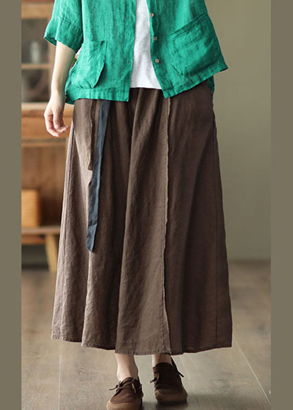 Chocolate Linen a Line Skirt Side Open Pockets Summer