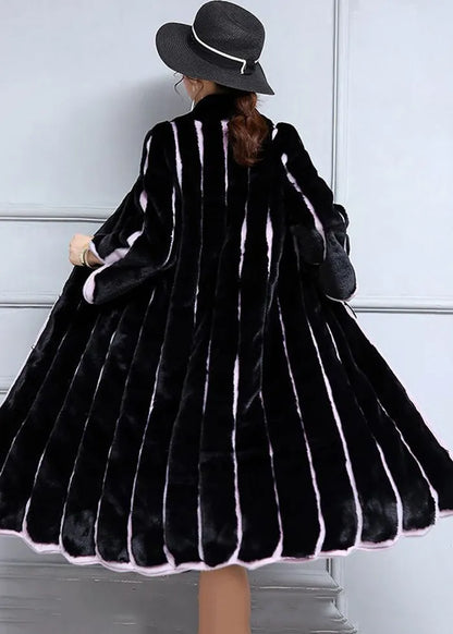 Black Oversized Patchwork Striped Faux Fur Coats Winter