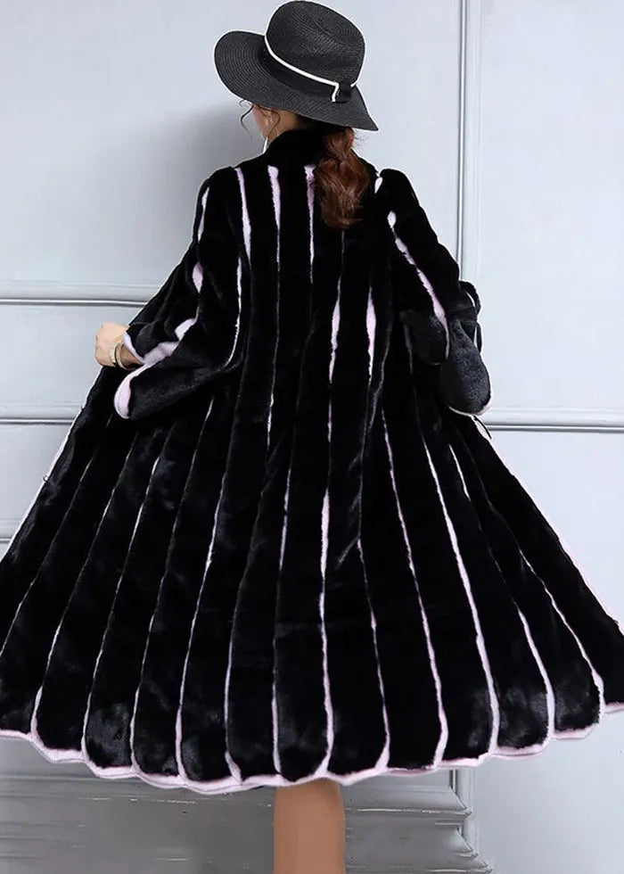 Black Oversized Patchwork Striped Faux Fur Coats Winter