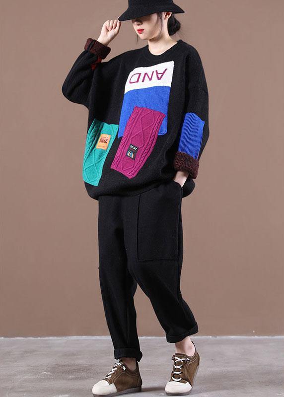 Black Colorblock Letter Fall Knit Sweater