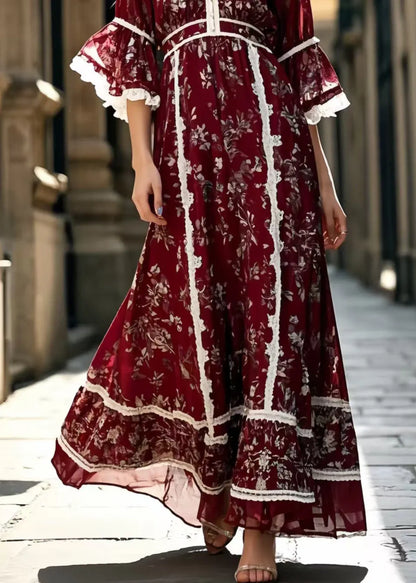 Mulberry Print Lace Patchwork Silk Long Dress Summer