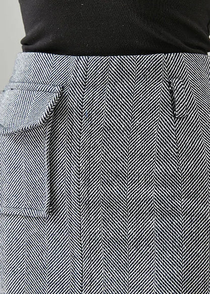 Grey Striped Pocket Cotton Wraped Skirts Fall