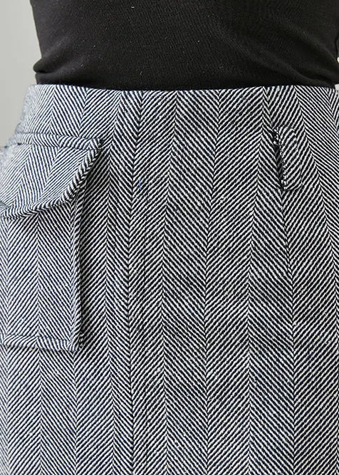 Grey Striped Pocket Cotton Wraped Skirts Fall