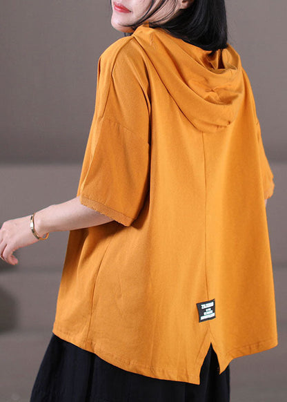 French Orange Hooded Letter Print Cotton Pullover Short Sleeve