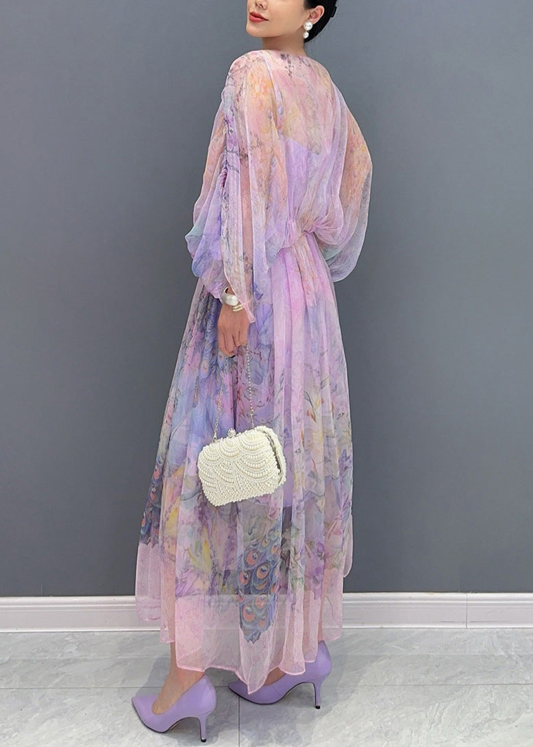Lavender U Neck Print Patchwork Long Dresses Summer