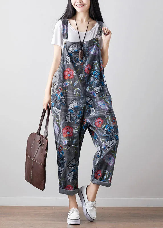 Dark Gray Print Cowboy Jumpsuit Spring